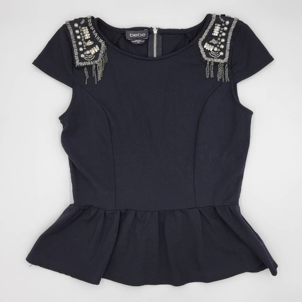 Bebe Womens Peplum Top Black Cap Sleeve Embellished Shoulders Shells Chains M